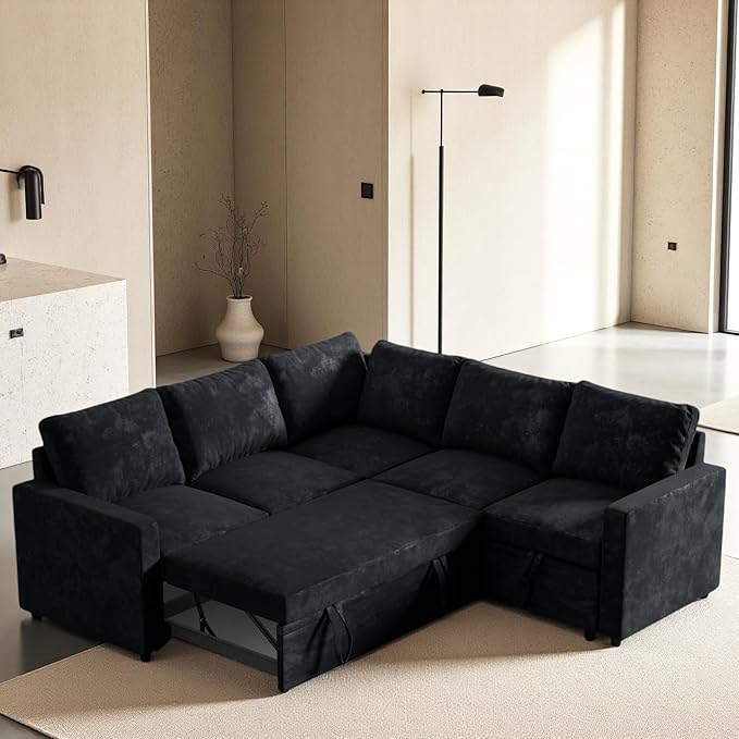 Modular Sofa Bed Couch with Storage 82 Reversible Sleeper Sofas with Pull Out Bed Pull Out Couch for Living Room Apartment Bedroom Office Velvet Black