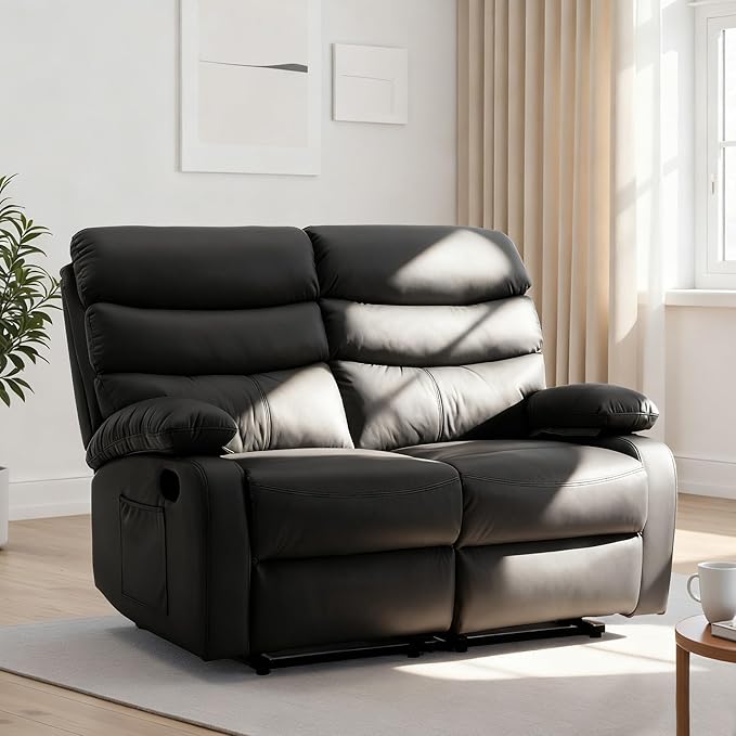 Faux Leather Reclining Loveseat Manual Double Love Seat Recliner RV Loveseat Recliner with Side Pockets for Living Room Home Theater Black