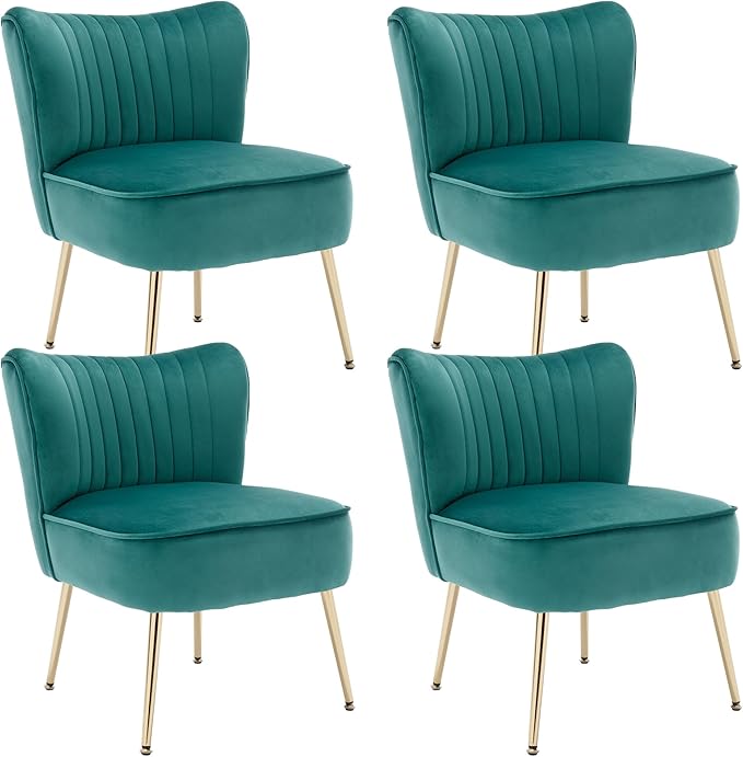 Velvet Accent Chair Set of 4 Comfy Upholstered Side Chair with Gold Metal Legs and Padded Seat Modern Small Corner Armless Living Room Chairs with Wing Back Dark Green
