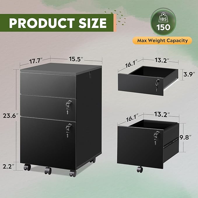 DEVAISE 3 Drawer File Cabinet with Lock Small Rolling Filing Cabinet Under Desk Wood Office Drawers Fits Letter/Legal/A4 Size Folders Black