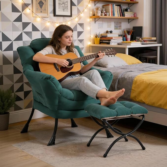 Lazy Chair with Folding Ottoman Modern Accent Armchair with Armrests and a Side Pocket &amp Foldable Footstool Reading Chair for Living Room Bedroom Dorm &amp Office Dark Green