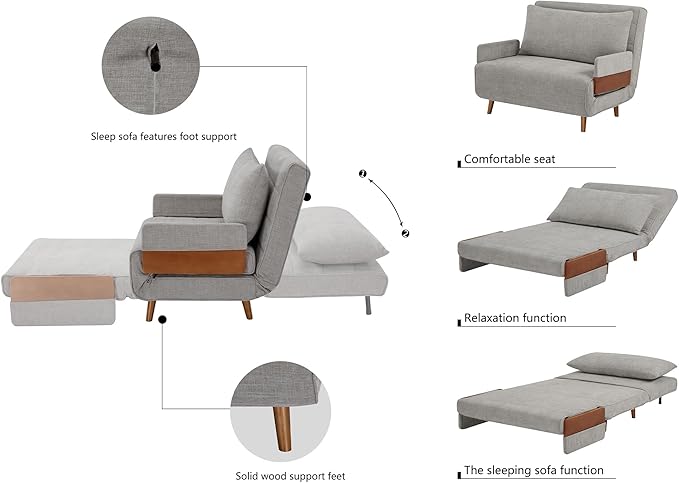 3-in-1 Convertible Sofa Bed Futon Loveseat Couch with Pillow Adjustable Backrest &amp Removable Armrests Recliner Sleeper Sofa for Small Spaces Living Room Bedroom or Office Medium Grey
