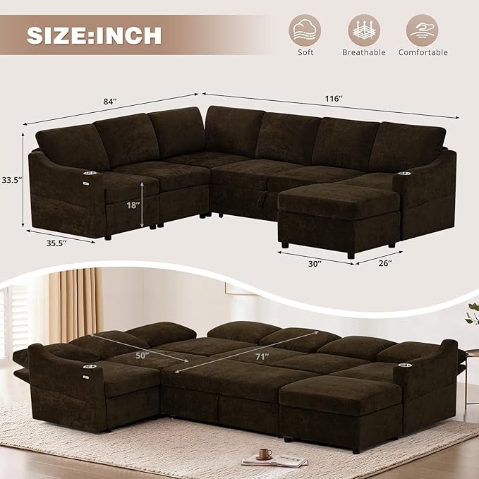 116 Chenille Modular Sofa Bed w/Adjustable Backrests U-Shape Sleeper Sofa w/USB Ports &amp Storage Space Convertible Corner Sectional Couch w/Pull Out Bed for House Living Room Brown