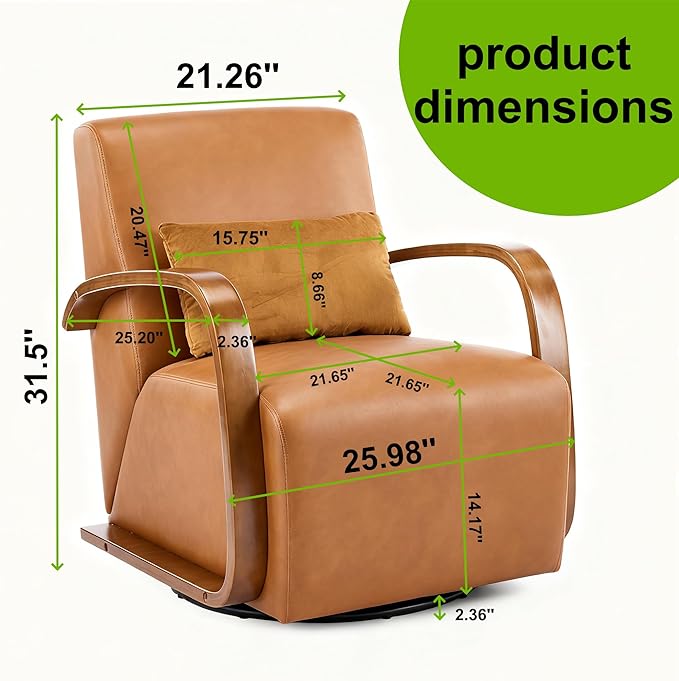 26 W Brown Swivel Accent Chair with Wood Armrests PU Upholstered Armchair with Metal Base 360 Degree Comfy Lounge Reading Chair for Living Room Bedroom Club or Office (Brown+PU)