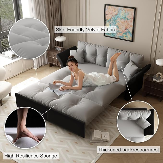 74.8‘’ Velvet Queen Pull Out Sofa Bed with 2 Pillows 3-in-1 Convertible Loveseat Sleeper Sofa Couch with Armrest Space Saving for Living Room Apartment Gray