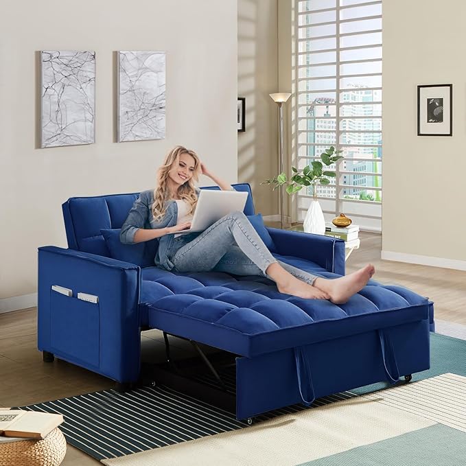 3 in 1 Convertible Sleeper Sofa Couch with Pull Out Bed55 Velvet Upholstered Futon Sofa BedModern Loveseat Sleeper Chaise with Adjustable Backrest for Living Room Guest Room Apartment(Blue)