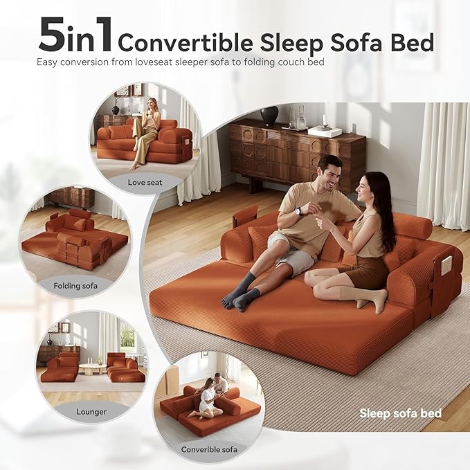 79'' Upgrade High Backrest Sofa Bed with Fixed Frame Removable Armrests &amp Backrest Corduroy Fabric Convertible Couch for Small Spaces No Assembly Needed (High Backrest Orange)