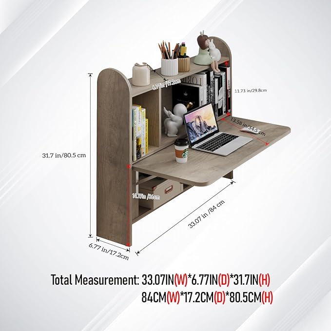 Wall Mounted Drop-Leaf Table Floating Laptop Desk Folding Table with Shelves Multifunctional Computer Workstation with Storage Compartments in Home Office for Space Saving (Rustic Oak)
