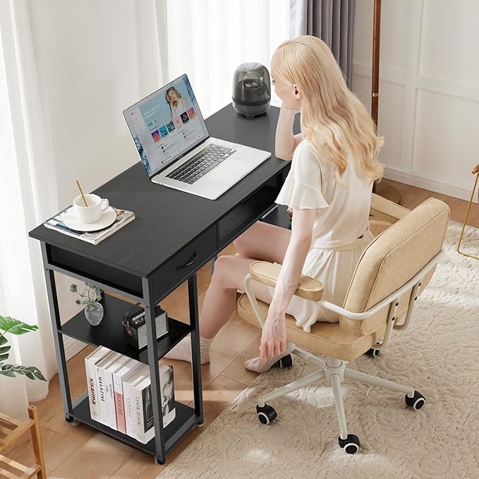 47 Inch Computer Desk with 2 Drawers Home Office Desk with Wooden Shelves Study Writing PC Table for Small Spaces Bedroom Dorm or Living Room Black