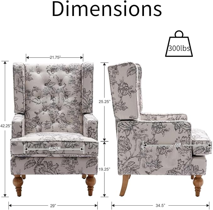Mid-Century Accent Chair Upholstered Arm Chair Linen Fabric Side Chair with High Back Solid Wooden Legs Comfy Reading Chair for Living Room Bedroom Floral Pattern