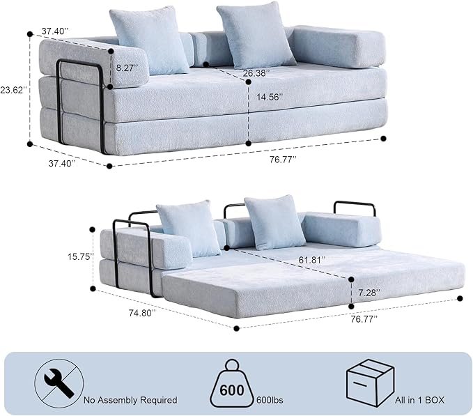 Folding Convertible Sofa Bed 4-in-1 Boneless Couch Sleeper Sofa 76.8'' Chenille Foldable Mattress Couch with Fixed-Shape Frame Floor Sofas Modular Futon Couches for Living Room Light Blue