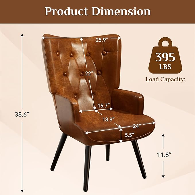TLSUNNY Accent Chair Comfy Upholstered Armchair with Metal Legs High Backrest Living Room Chair Wingback Chair Mid Century Modern for Living Room/Vanity/Bedroom PU Brown (2 pcs)