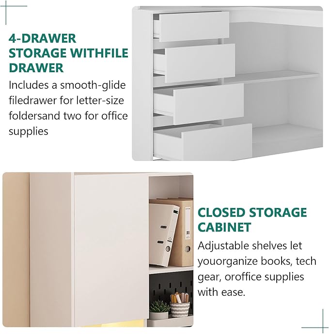 Anwick L Shaped Desk with Hutch Corner Computer Desk with Charging Station &amp Bookshelf &amp File Drawer Standing L Shape Desks for Home Office Bedroom Gaming Room Study Room (White-1)