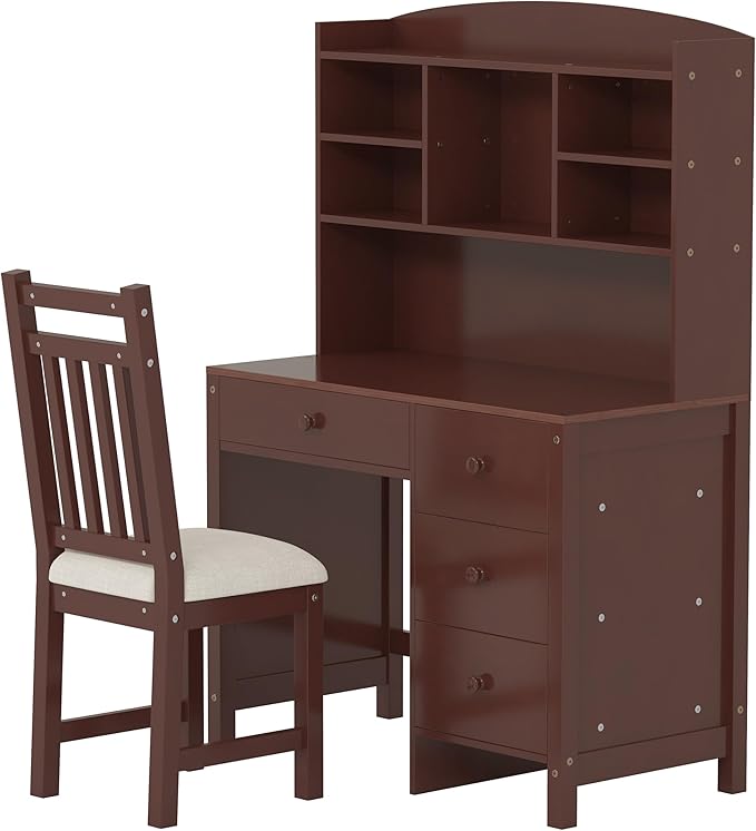 Wooden 40'' Home Office Desks with Bookshelf and Upholstered Chair Versatile Writing Desk Office Study Workstation with 4 Drawers and Storage Shelf for Office Study Room Bedrooms (Espresso-Wood)