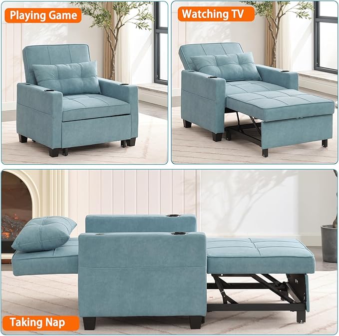 Modern Convertible Sleeper Sofa Bed 3-in-1 Adjustable Futon Couch with Storage &amp Removable Armrests for Apartment Studio Office Small Spaces (Blue)