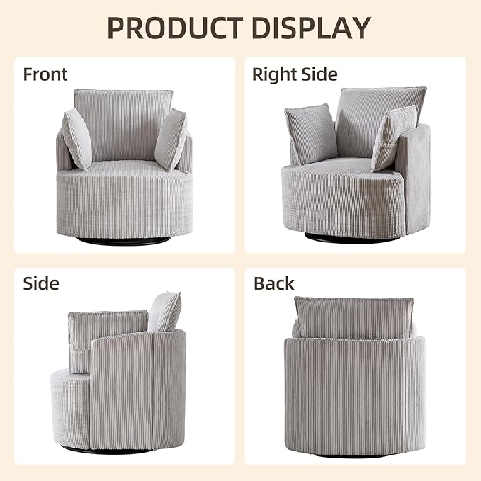 CANMOV Swivel Accent Chair Set of 2 360°Swivel Barrel Chair with 3 Pillows Comfy Corduroy Round Armchair Single Sofa Chair for Living Room Bedroom Reading Room Grey