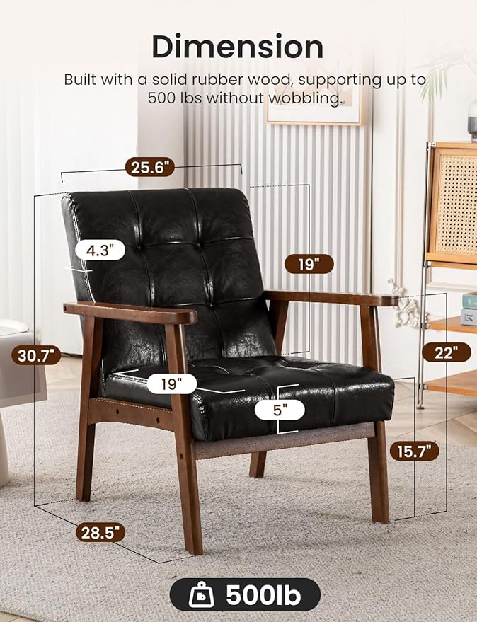 Mid Century Modern Accent Chairs for Living Room Comfy Bedroom Chairs for AdultsSmall Wide Reading Nook Arm Chair 105° Ergonomic Cozy Black Leather Armchair with Rubber Wood