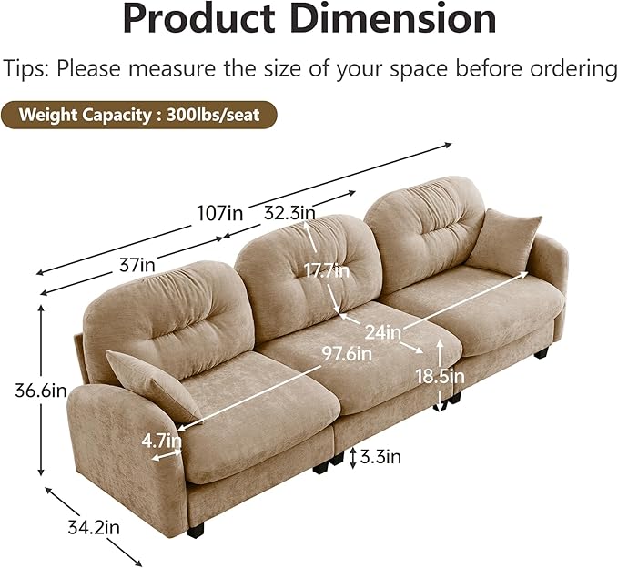 Oversized Modular Sectional Sofa 107”Chenille 3-Seater Cloud Couch for ApartmentOfficeHome Theater-Camel