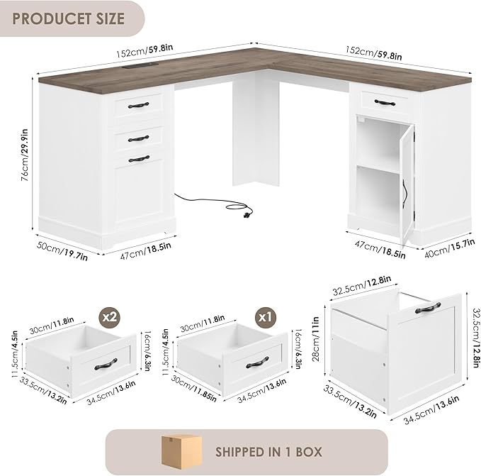 HIFIT Farmhouse Executive L Shaped Desk with Power Outlets 60 Corner Computer Desk with 3 Storage Drawers &amp 2 File Cabinets L Shaped Home Office Desk for Study White