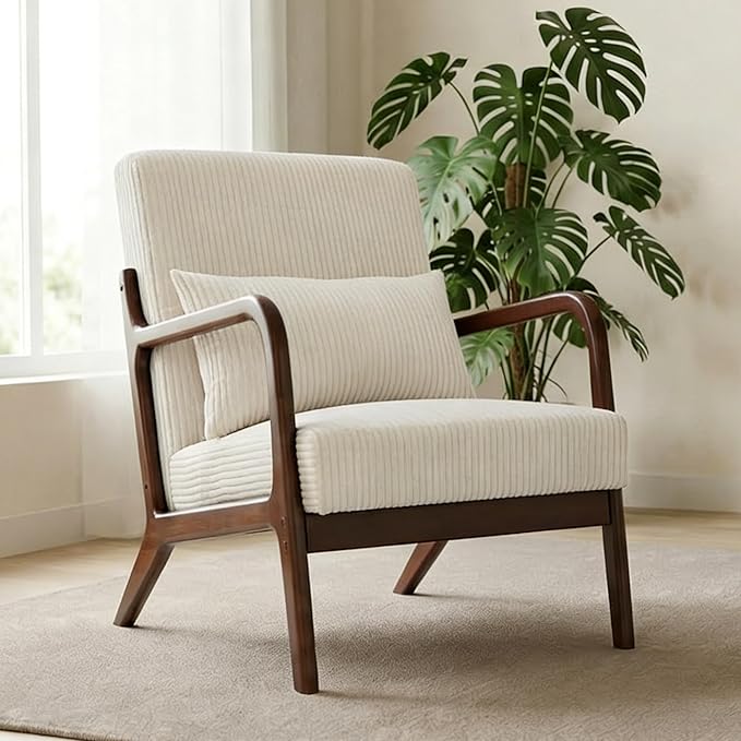 Mid Century Modern Accent Chair Upholstered Corduroy Armchair with Lumbar Pillow Solid Rubberwood Frame for Living Room Bedroom Waiting Room White