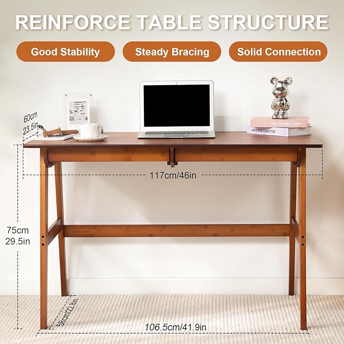 Nnewvante Desk Bamboo Table with 2 Drawers Simple Modern Furniture for Home Office Computer Writing Study Makeup &amp Workstation (46''-Brown)