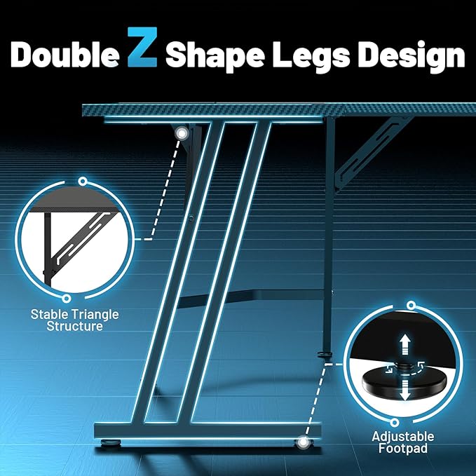HLDIRECT 51 Inch L Shaped Gaming Desk with Monitor Stand and LED Lights Corner Computer Desk with Carbon Fiber Surface PC Gaming Table for Home Office Writing Workstation Easy to Install Black