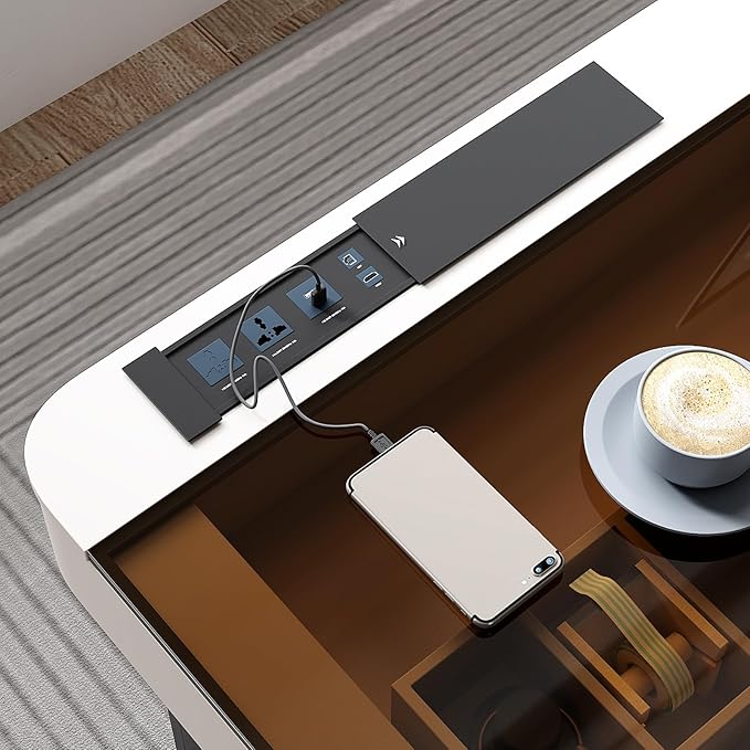 Lartis Office Desk Very Easy to Assemble Computer Desk Home Telescopic Writing Desk Modern Computer Desk with Retractable Cabinet Built-in LED Lights (Ivory 50 in)