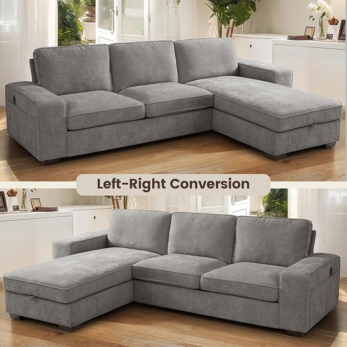PARKOL 101 L-Shaped Sectional Couch with Storage Sofa with Reversible Chaise USB Type-C Charging Chenille Fabric Removable Cushion Covers for Small Space Apartment Living Room Light Gray