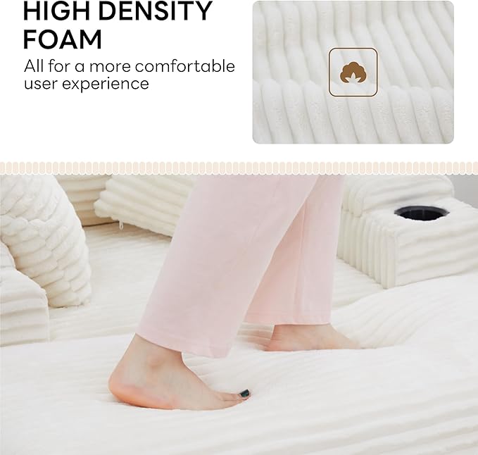 LIKIMIO 54''Oversized Chaise Lounge Chair IndoorFirm Solid Wood Frame with USB &amp Cup HolderComfy Corduroy OttomanReading Chair for Living Room Study Room (White)