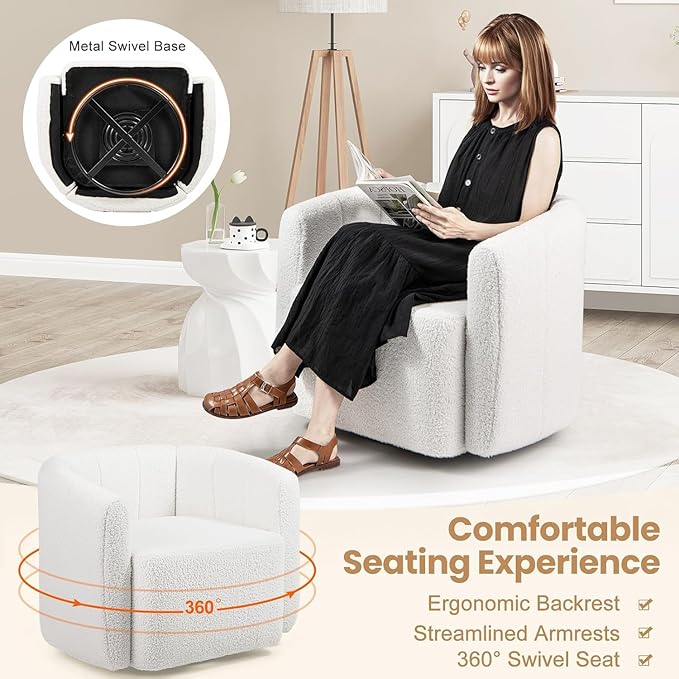 KOMFOTT Swivel Barrel Chair Sherpa Fabric Accent Chair with Curved Backrest &amp Armrests Upholstered Armchair with Wide Seat Pumpkin Shaped Single Sofa Chair for Living Room Bedroom White