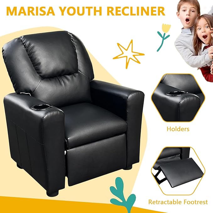 Recliner Chair for Living Room PU Leather Recliner Chair Winback Single Sofa Home Theater Chairs Adjustable Modern Reclining Chair with Padded Seat Backrest for Kids (Black)