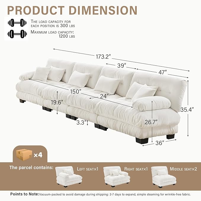 Beige Chenille Sectional Couch-173.3 Oversized 4-Seater Cloud Sofa with Pillow High-Density Sponge Filling Lounge Couches for Living RoomApartment