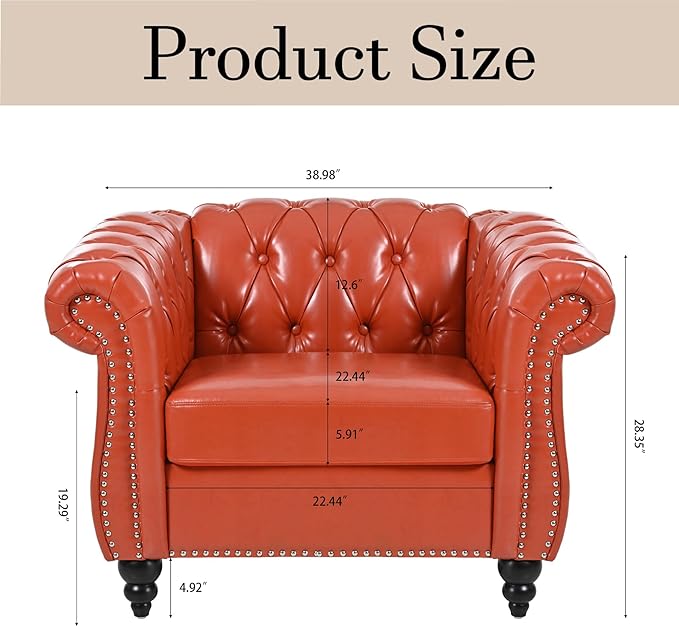 Oversized Chesterfield Chair PU Leather Accent Chair with Tufted Back Club Chair for Living Room Bedroom Gothic Victorian (Orange)