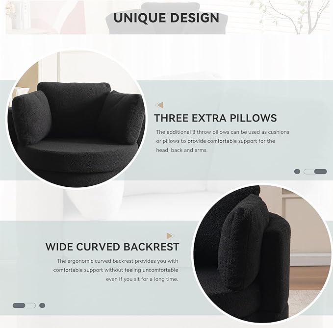 FOXHUNTER Swivel Barrel Chair 360 Degree Swivel Round Storage Chair with 3 Pillows Oversize Teddy Swivel Accent Chair Comfy Single Sofa Chair for Nursery Living Room Bedroom (Black)
