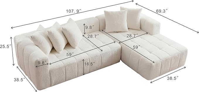 107.9“Cloud Sectional Boneless Couch Modular Sofa with Deep Seat 5 Pillows L-Shaped Free Combination Soft Boucle Fabric 1400 lbs Capacity Living Room Apartment. (Cream Right Hand Facing) | No Assembl