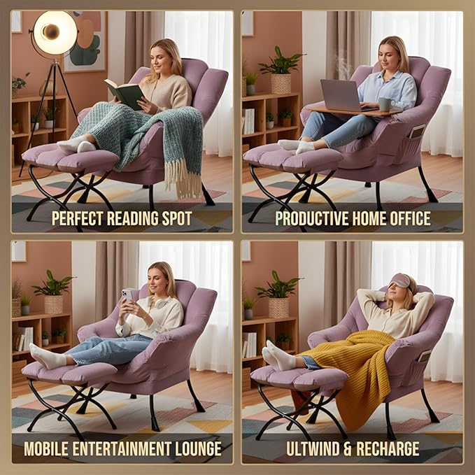 Tiita Lazy Chair with Ottoman Purple Modern Large Accent Armchair Comfy Leisure Sofa Reading Chair with Footrest for Bedroom Living Room Dorm Rooms Garden Velvet Light Purple
