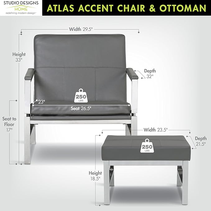 Atlas Bonded Leather Accent Chair with Ottoman Set Mid-Century Modern Lounge Chair &amp Footrest with Chrome Legs for Living Room or Office Guest Seating Chrome/Smoke