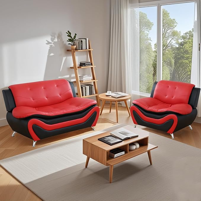 Living Room Furniture Set for Living Room Faux Leather Couch Sets Modern Couch for Apartment Home Office(Loveseat and ChairRed&ampBlack)