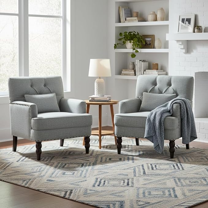 HUIMO Accent Chairs Set of 2 Living Room Chairs Tufted Club Chair Upholstered Armchair with Button Fabric Sofa Chairs for Bedroom Living Room Mid Century Modern Reading Chairs(2Light Blue)