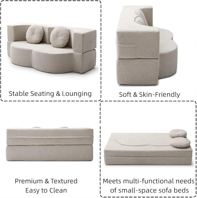 76 Convertible Folding Sofa Bed 2-in-1 Twin Size Loveseat Sleeper Couch Bed with Two Pillows Foldable Space-Saving | Design for Dorms Apartments Bedroom&amp Living RoomNo Assemble(Khaki)