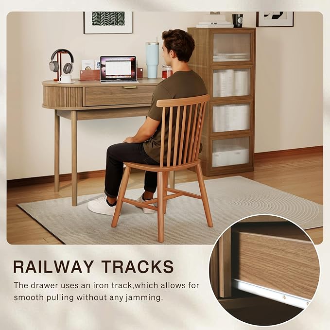 Oval Wood Desk with Drawer39.37 Inch Small Study Work Writing Desk Computer Gaming TableStudent PC Storage MDF Desk for Home Office Bedroom Living Room(Brown)