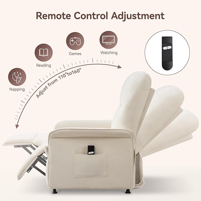 Power Recliner Chair for Adults Modern Reclining Single Sofa with Curved Armrest Comfy Ergonomics Electric Recliner with Side Pockets Adjustable Reading Chair for Living Room Bedroom Chenille Beige