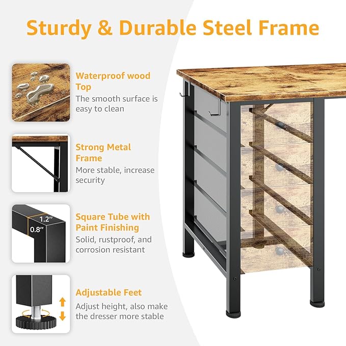 DLisiting Home Office Desk with Drawers for Storage - 55 inch Computer Desk with 8 Fabric Drawer Writing Study Work Desks with Drawers on Both Sides for Bedroom