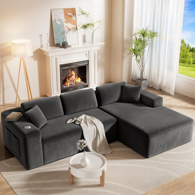 108” Cloud Sectional Couch Modern Modular Sectional Sofa with Deep Seat Corduroy Boneless Couches with Chaise L-Shaped Sofa for Living Room 4 Storage Pockets (Right Facing Chaise Grey)