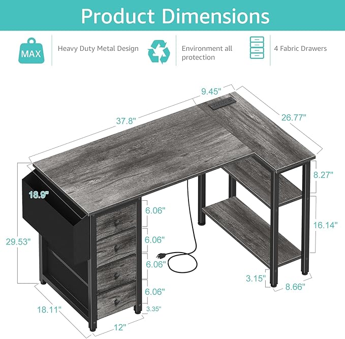 Lufeiya L Shaped Computer Desk with Drawers &amp Storage Shelves 47 Inch Small Corner Desk with Power Outlet for Home Office Bedroom L-Shaped Gaming PC Desks with Fabric Drawer Gray