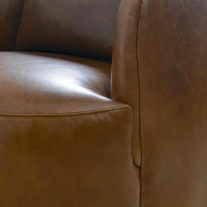 KINWELL 33''W 100% Top Grain Genuine Leather Swivel Barrel Armchair No Assembly Round Upholstered Leather Accent Chairs with Toss Pillow for Living Room Office Lounge (Dark Brown Genuine Leather)