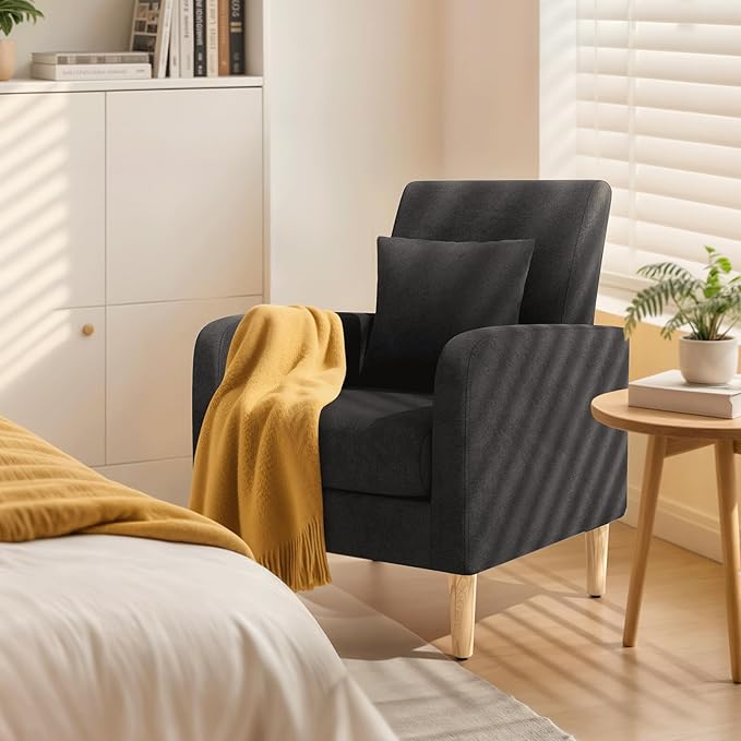 Magshion Mid-Century Accent Chair for Living Room Comfy Reading Chair for Bedroom Upholstered Linen Fabric Armchair Single Sofa with Back Pillow &amp Wood Legs 300 lbs Capacity Black
