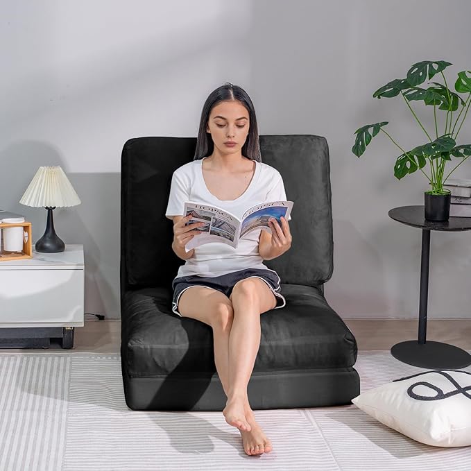 tantohom Floor Sofa Bean Bag Bed Foam Filling Fold Full Floor Mattress with Washable Soft Faux Fur Cover Floor Couch for Bedroom Living Room (Black Small)