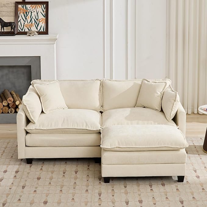 Setawix Modern Modular Sectional Sofa 78 Upholstered Chenille Loveseat with Movable Ottoman Comfy L-Shaped Sofa Oversized Deep Seat Cloud Couch with 2 Throw and Arm Pillows for Living Room Beige