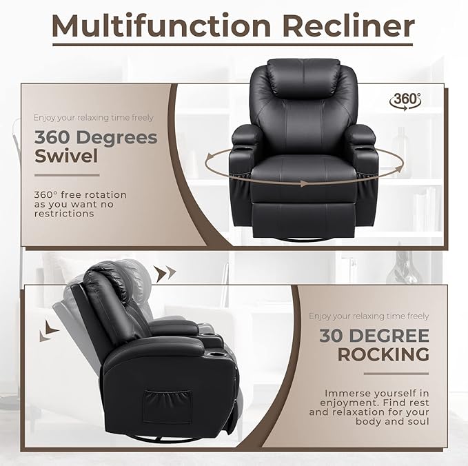 Furniwell Rocker Recliner Chair with Massage for Elderly Leather Adjustable 360°Swivel Rocking Sofa for Living Room with Remote Control Cup Holders (Black)